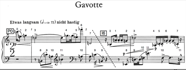 Compases iniciales de la Gavotte (nº2) perteneciente a la Suite op.25 de Schönberg.